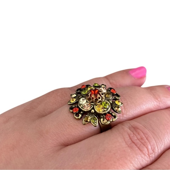 Michal Negrin Multicolor Swarovski Crystals Adjustable Brass Cocktail Ring - Picture 6 of 6